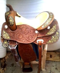 new design 16" bautifull western tack pleasure saddle carving golden plates