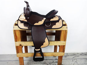 15" BROWN LEATHER SYNTHETIC WESTERN COWBOY PLEASURE TRAIL HORSE SADDLE TACK