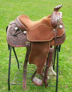 George Rios Saddle Western Ranch Trail Show Hand Tooled Leather w/ Silver Suede