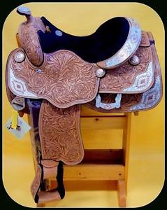 Med Natural Aztec Super Silver Western Pleasure Show man Double T Saddle 16" FQB
