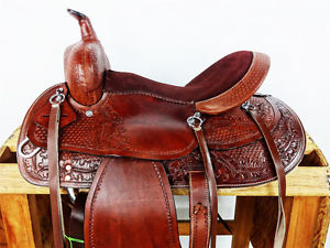 15" BROWN TOOLED WESTERN LEATHER BARREL RACING PLEASURE TRAIL HORSE SADDLE TACK
