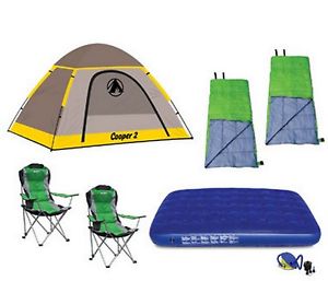New Camping Tent Outdoor Bundle w Air Matteress Folding Chairs & Sleeping Bags