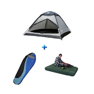 2 Person Camping Dome Tent Sleeping Bag Air Mattress Kit Outdoor Hiking Pack