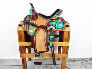15" TEAL ROUGH OUT LEATHER WESTERN HORSE BARREL RACING SHOW TRAIL SADDLE TACK