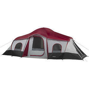 10-Person 3-Room Cabin Tent Camping Outdoor Family Mesh Roof Red White Canopy