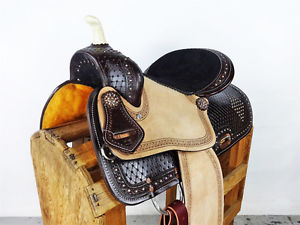 15" WESTERN ROUGH OUT BLING BARREL RACING LEATHER TRAIL SHOW HORSE SADDLE TACK