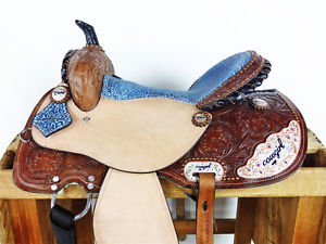 15" BLUE COWGIRL UP WESTERN BARREL RACING LEATHER TRAIL SHOW HORSE SADDLE TACK