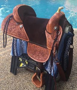 16.5" Bob Marshall Sports Saddle, Treeless, Trail, Hand Tooled Floral, EXCELLENT