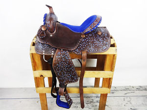 15" BLUE SUEDE WESTERN BARREL RACING LEATHER TRAIL SHOW COWBOY HORSE SADDLE TACK
