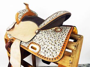15" WHITE AMBER HAIR ON BLING LEATHER WESTERN HORSE BARREL RACING SHOW SADDLE
