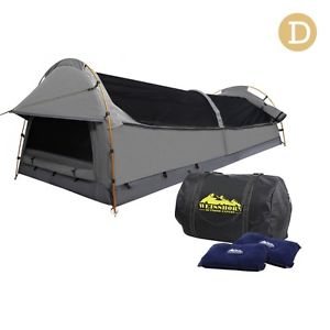 King Single & Double Camping Canvas Swag Tent Grey w/ Air Pillow