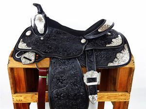 15" BLACK LEATHER WESTERN EQUINE HORSE SILVER SHOW RODEO TRAIL PARADE SADDLE
