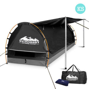 King Single Camping Canvas Swag Tent W/ Air Pillow & Carry Bag Dark Grey