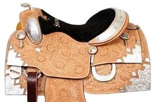 16 Inch Western Show Saddle-Light Oil Leather-Floral Tooling-Loaded with Silver