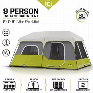 CORE 9(!) Person Instant Pop Up 14' x 9' Cabin Tent - Green/Grey, Room Divider