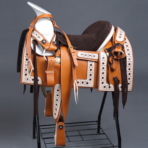 TAN MEXICAN LEATHER SADDLE 16" WITH HEADSTALL BREAST COLLAR & SPUR STRAP