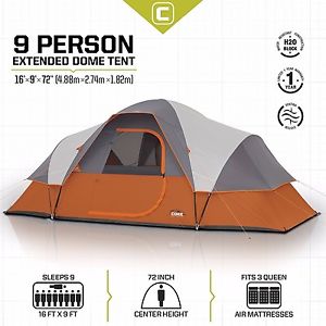 CORE Equipment 9 Person 16 x 9 Feet Extended Dome Camping Tent Orange/Grey
