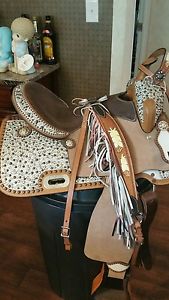 15 " MADCOW HORSE WESTERN BARREL SHOW  LEATHER SADDLE/BRIDLE/BREAST COLLAR -NWT