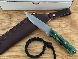 LANDI KNIVES -BUSHCRAFT KNIFE-GREEN BIRCH WOOD-01STEEL -LT SCANDI-LEATHER SHEATH