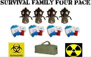 FAMILY SURVIVAL 4 Pack NATO NBC Military GAS MASKS Hi-Risk Disease Kits and Bag