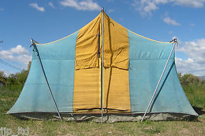 VINTAGE Blue & Yellow Canvas Cabin Tent 11' x 8' x 7' height Metal Frame Poles