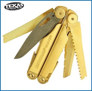 Leatherman Wave Multi-Tool 24K Gold Damascus Blade Leather Sheath