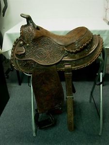 VINTAGE TEX TAN IMPERIAL FANCY TOOLED LEATHER & SILVER WESTERN SHOW SADDLE