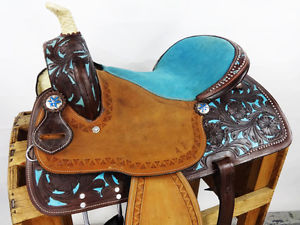16" BLUE SUEDE PAINTED ROUGH OUT LEATHER BARREL RACER HORSE WESTERN SADDLE TACK