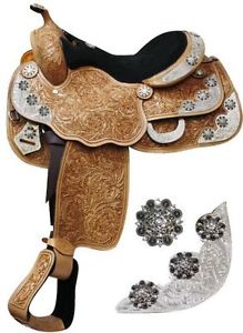 16" Fully tooled Double T Show saddle with engraved silver accented