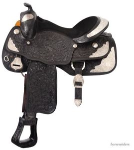 14 Inch Western Silver Show Saddle - Black Oak Leaf Tooled Leather-Silver Royal