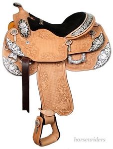 16 Inch Western Show Saddle-Light Oil Leather-Floral Tooling-Silver-Black Accent