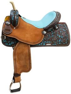 14" Showman Argentina Cow Leather Barrel Saddle with Teal Tooling