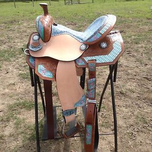 15" Silver Royal Macaelah Western barrel race saddle painted/turquoise crystals