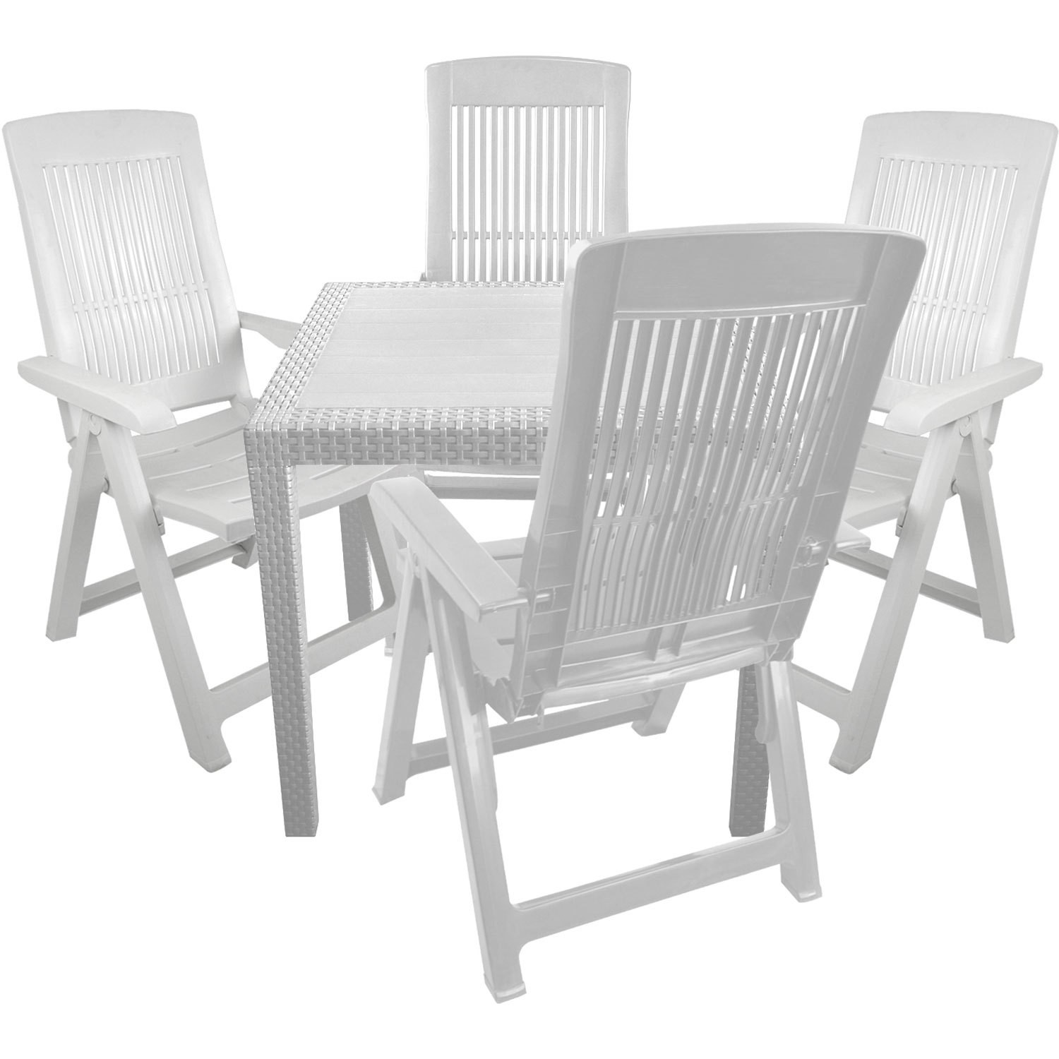 5TLG GARTENGARNITUR GARTENTISCH 79x79xH72CM RATTAN OPTIK + 4x KLAPPSTÜHLE  WEISS