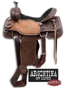 Beautiful New 16" Showman Argentina Leather roper saddle with oak leaf tooling!