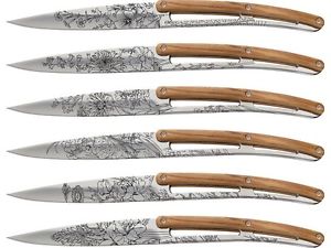 deejo Steakmesser, 6er-Set im Karton, Blumenmotiv, Olivenholz