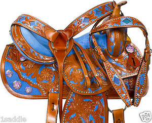 15 16 CUSTOM BROWN LEATHER HAND PAINTED BLUE BARREL RACING HORSE SADDLE TACK