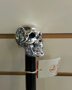 SILVER R925 SKULL HEAD WALKING STICK CANE BLACK