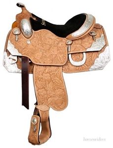 16 Inch Western Show Saddle-Light Oil Leather-Floral Tooling-Loaded with Silver