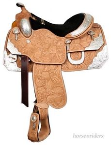 17 Inch Western Show Saddle-Light Oil Leather-Floral Tooling-Loaded with Silver