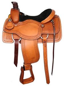 16" Basketweave tooled Circle S Roping saddle with suede leather seat.