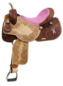 14",15", 16" Showman ® Argentina cow leather barrel saddle with pink ribbon.