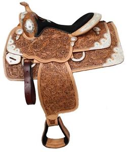 Western Silver Show Saddle + matching 3pc Horse Tack Set FULL QH Bars Medium TAN