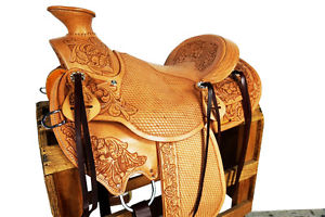 HAND ENGRAVED 16" WESTERN WADE ROPING RANCH SADDLE LEATHER HORSE COWBOY TACK