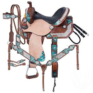14 Inch Ashton Western Barrel Saddle 5 Pc Pkg Hand Painted-Crystals-Silver Royal