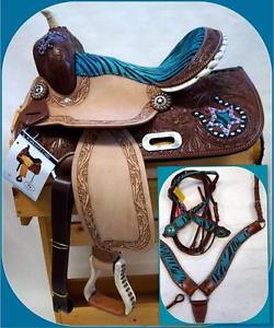 13" Youth Showman Show Western Saddle NEW Stars Zebra Horse shoe 4pc Pk Tan BLUE