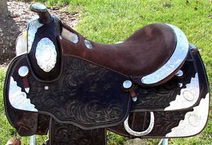 16" DOUBLE T WESTERN horse SADDLE TRAIL dark BROWN SHOW silver tooled NEW