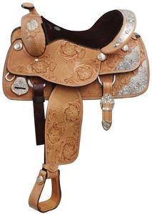 Hand Tooled Western Pleasure Silver Show Light Leather Saddle 16"