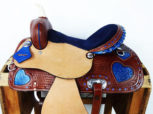 14" BLUE OSTRICH HEART BLING RACER ROUGH OUT LEATHER WESTERN HORSE SADDLE TACK