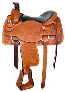 16" Basketweave tooled Circle S Roping saddle with top grain smooth leather seat